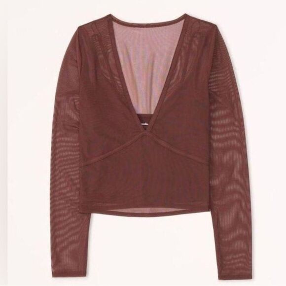 ✨ Abercrombie & Fitch Long-Sleeve V-Neck Mesh Top Brown Small - Picture 2 of 11